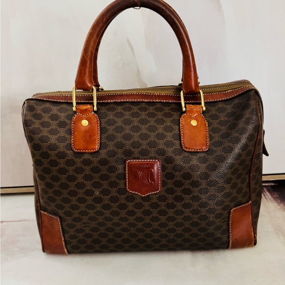 Celine Boston Handbag, Vintage Brown Coated Canvas Macadam Print